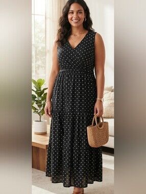 Relativity Black White Polka Dot Tiered Maxi Dress 1X
